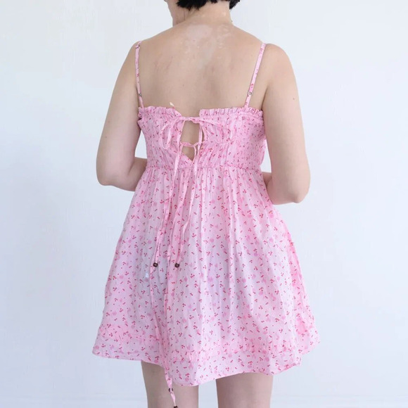 Free People Gabby  Mini Pink Cherry Spaghetti Strap Mini Cotton Dress S - Picture 3 of 11